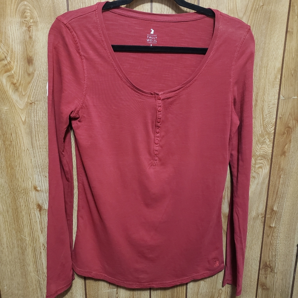 Tally Weijl Long Sleeve Henley Neck Maroon Top Lady Size Lg Cotton Blend